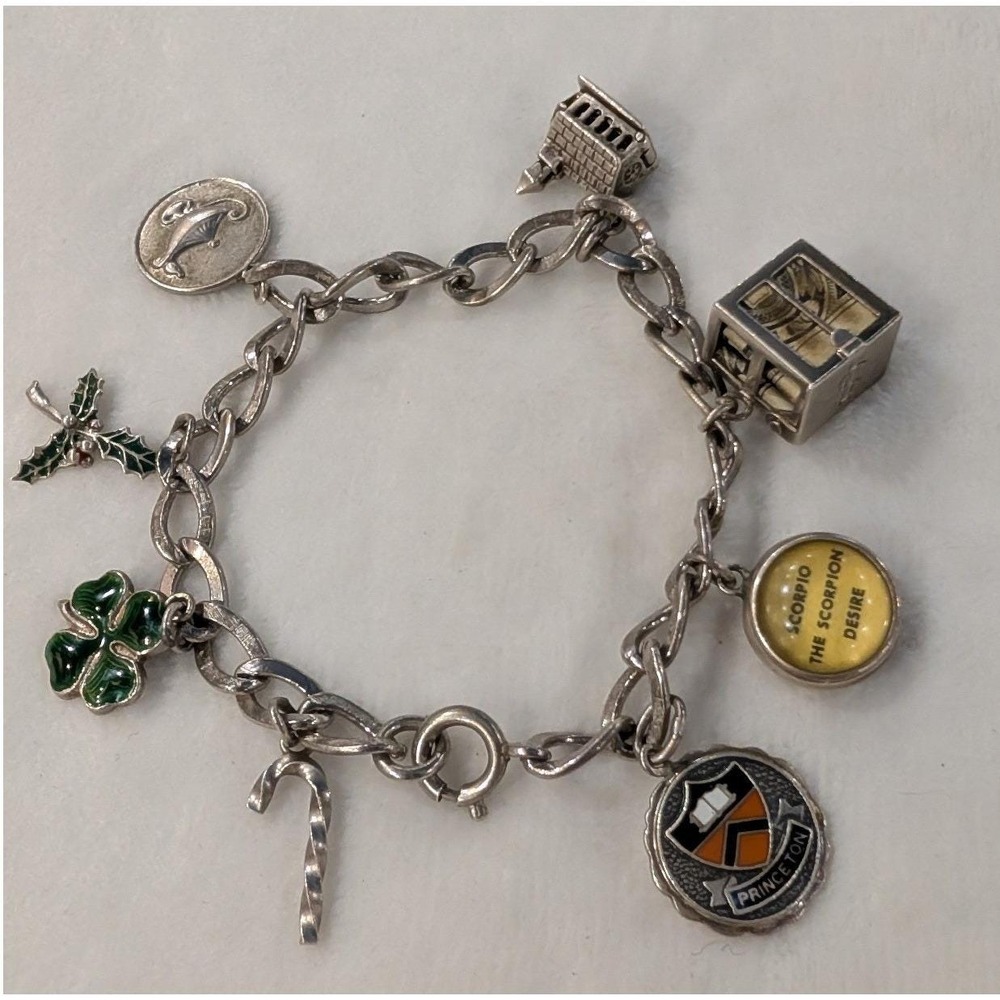 Vintage Sterling Silver Charm Bracelet Princeton Scorpio 8 Charms 26g 7in